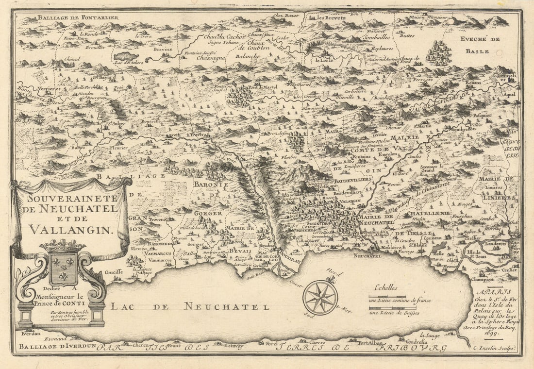 Souveraineté de Neuchatel et de Vallangin. Canton of Neuchâtel. DE FER 1699 map: Title: Souveraineté de Neuchatel et de Vallangin. Canton of Neuchâtel. DE FER 1699 map Description: Souveraineté de Neuchatel et de Vallangin [Canton and Lake of Neuchâtel,
