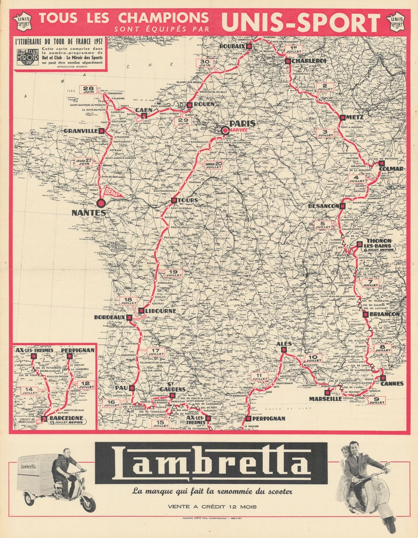 L'Itinéraire du Tour de France - Le Miroir des Sports. Cycling route map 1957 (1 of 1)