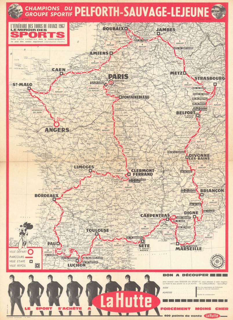 L'Itinéraire des Tours de France - Le Miroir des Sports. Route map 61x45cm 1967 (1 of 1)