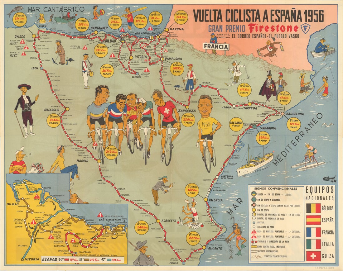 Vuelta Ciclista a España Mapa Oficial. Pictorial cycling road race map 1956 (1 of 1)
