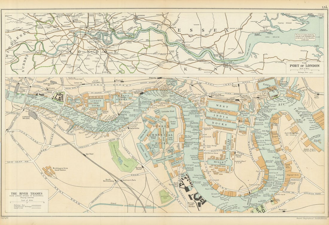 THE PORT OF LONDON showing wharves & docks. Thames. Vintage map. BACON 1913 (1 of 1)