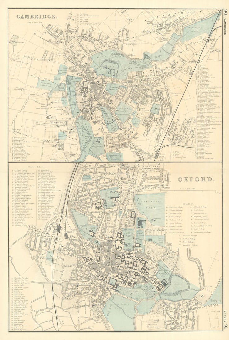 CAMBRIDGE & OXFORD antique town city plans University Colleges. BACON 1891 map (1 of 1)