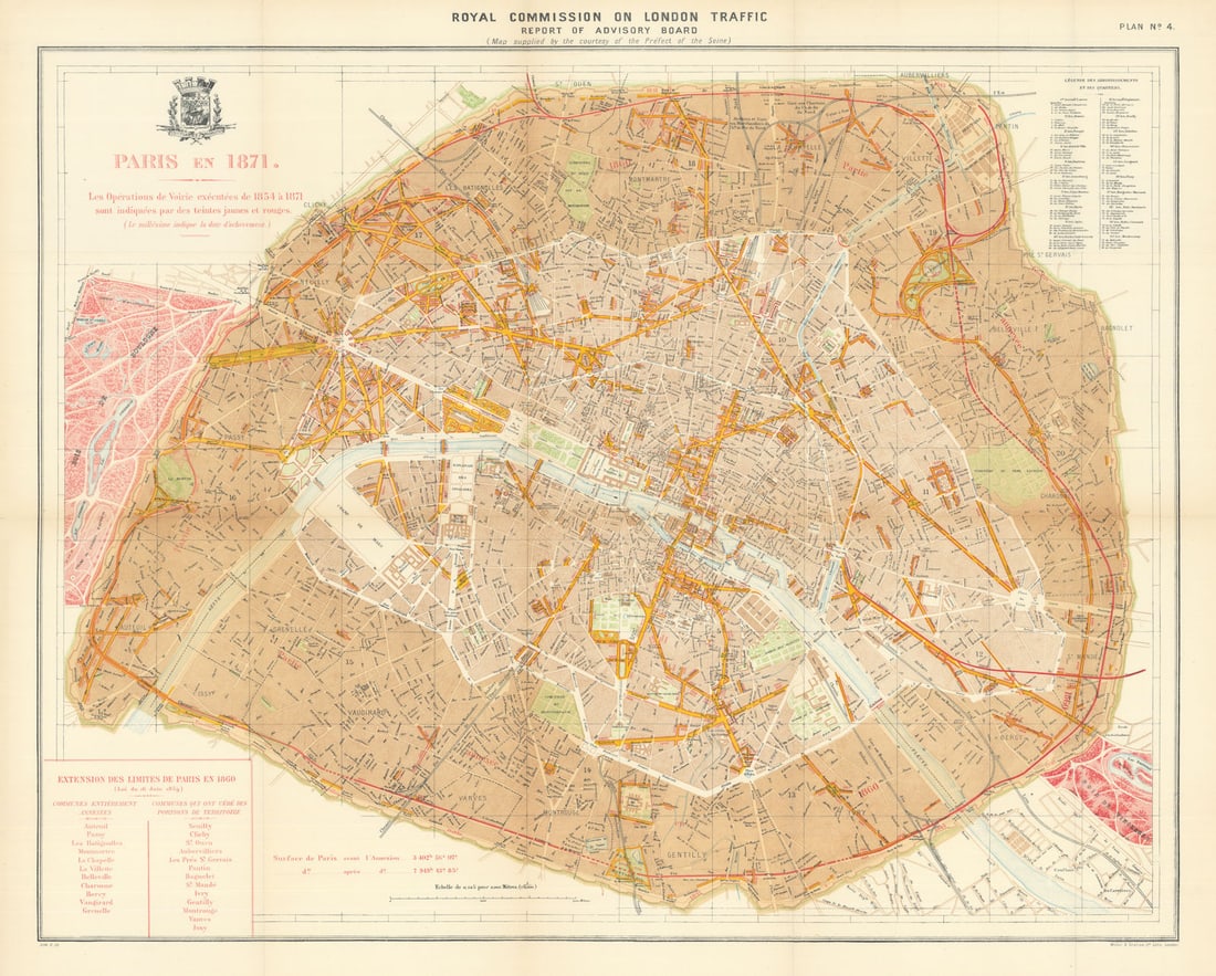 Paris showing 1854-1871 Haussmann boulevard renovations/realignments 1905 map (1 of 1)