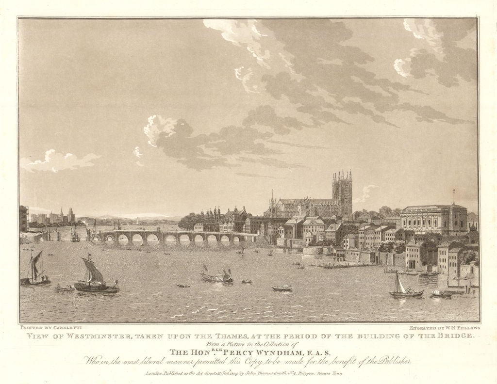 Westminster from the Thames during bridge construction. After Canaletto 1809 (1 of 1)