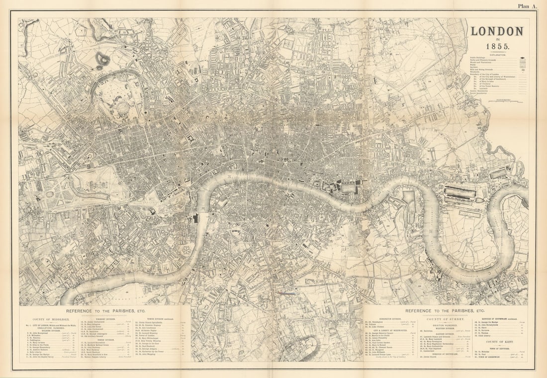 Large map of London in 1855 by Percy Edwards. 71x103 cm 1898 old antique (1 of 1)