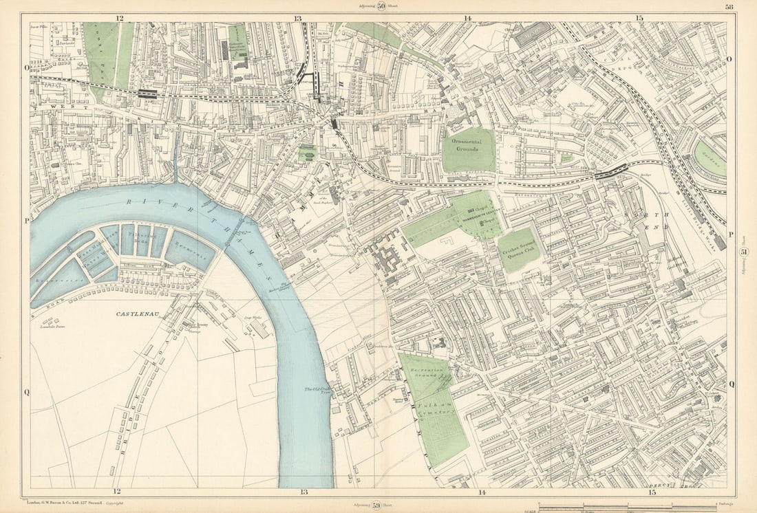 HAMMERSMITH & FULHAM Castlenau West Kensington Barons Court Earls Court 1900 map: Title: HAMMERSMITH & FULHAM Castlenau West Kensington Barons Court Earls Court 1900 map Description: Sheet 58 from Bacon's 1900 London street atlas covering part of South West London including