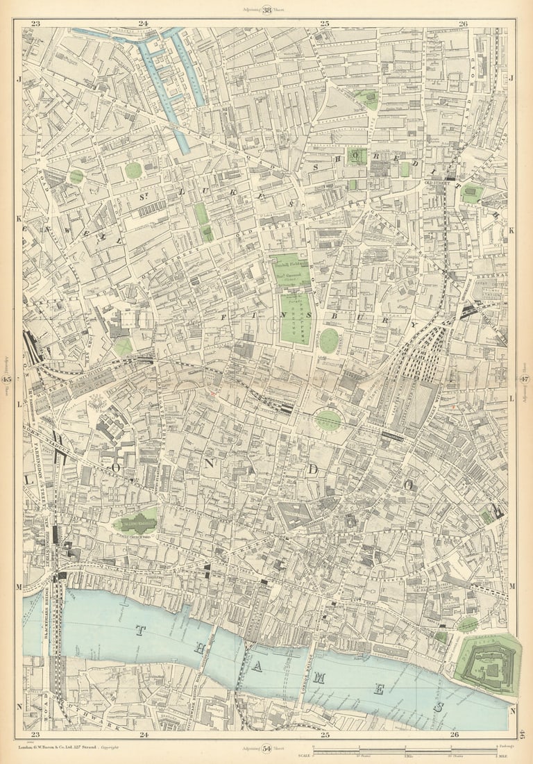CITY OF LONDON Shoreditch Clerkenwell Southwark Broadgate Moorgate 1900 map: Title: CITY OF LONDON Shoreditch Clerkenwell Southwark Broadgate Moorgate 1900 map Description: Sheet 46 from Bacon's 1900 London street atlas covering part of the City of London including
