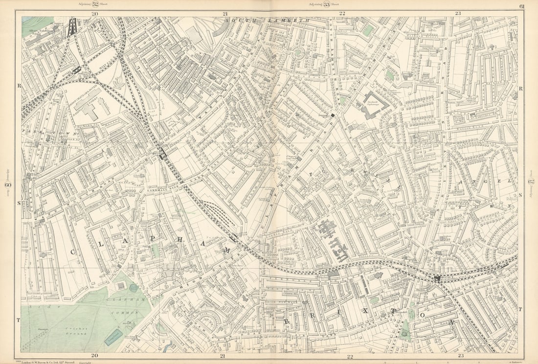 CLAPHAM Common/North Brixton Lambeth Stockwell Battersea Wandsworth 1900 map: Title: CLAPHAM Common/North Brixton Lambeth Stockwell Battersea Wandsworth 1900 map Description: Sheet 61 from Bacon's 1900 London street atlas covering part of South West London including Clapham