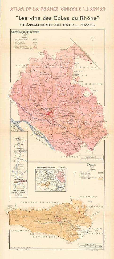 RHÔNE WINE MAP. Châteauneuf-du-Pape AOC & Tavel AOC. LARMAT 1943 old: Title: RHÔNE WINE MAP. Châteauneuf-du-Pape AOC & Tavel AOC. LARMAT 1943 old Description: "Les Vins des Côtes du Rhône" - Châteauneuf du Pape - Tavel' (Atlas de la France Vinic
