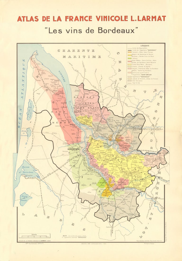 BORDEAUX WINE MAP. Les Vins de Bordeaux. Carte Générale. LARMAT 1944 old: Title: BORDEAUX WINE MAP. Les Vins de Bordeaux. Carte Générale. LARMAT 1944 old Description: "Les Vins de Bordeaux"' (Atlas de la France Vinicole L. Larmat) by Larmat, Louis. Published 1944.
