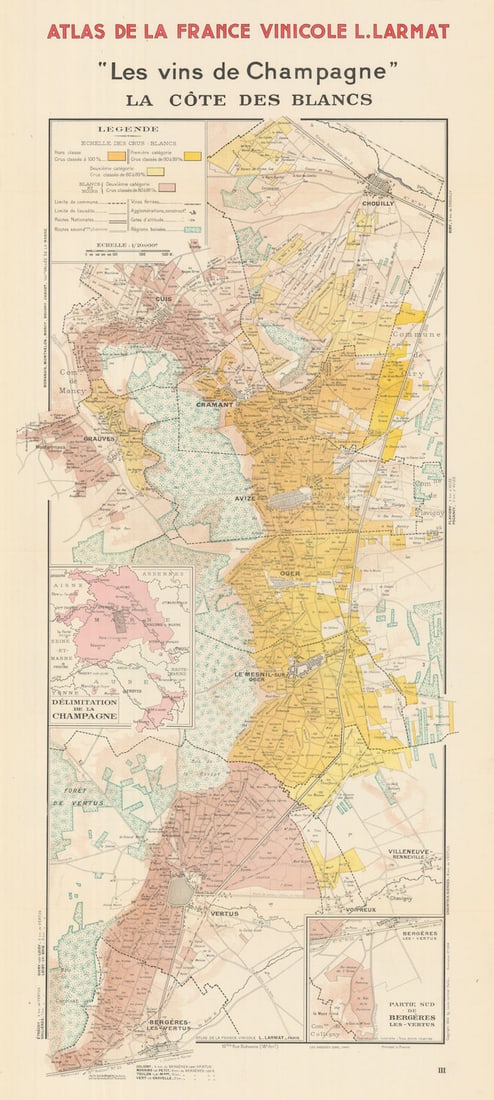 CHAMPAGNE VINEYARD MAP La Côte des Blancs. Cramant Avize Oger Mesnil LARMAT 1944: Title: CHAMPAGNE VINEYARD MAP La Côte des Blancs. Cramant Avize Oger Mesnil LARMAT 1944 Description: "Les Vins de Champagne" - La Côte des Blancs' (Atlas de la France Vinicole L. Larmat). Th