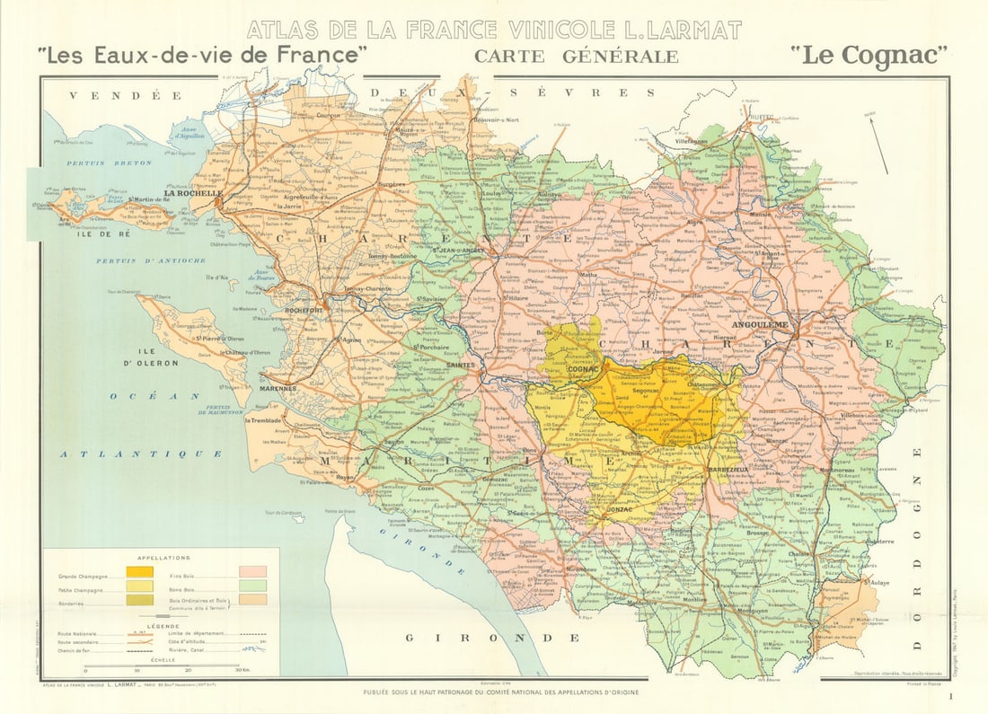 COGNAC BRANDY MAP Crus. Carte Générale. Champagne/Bois &c. Charente. LARMAT 1947: Title: COGNAC BRANDY MAP Crus. Carte Générale. Champagne/Bois &c. Charente. LARMAT 1947 Description: "Les Eaux-de-vie de France" - Carte Générale - "Le Cognac"' (Atlas de la