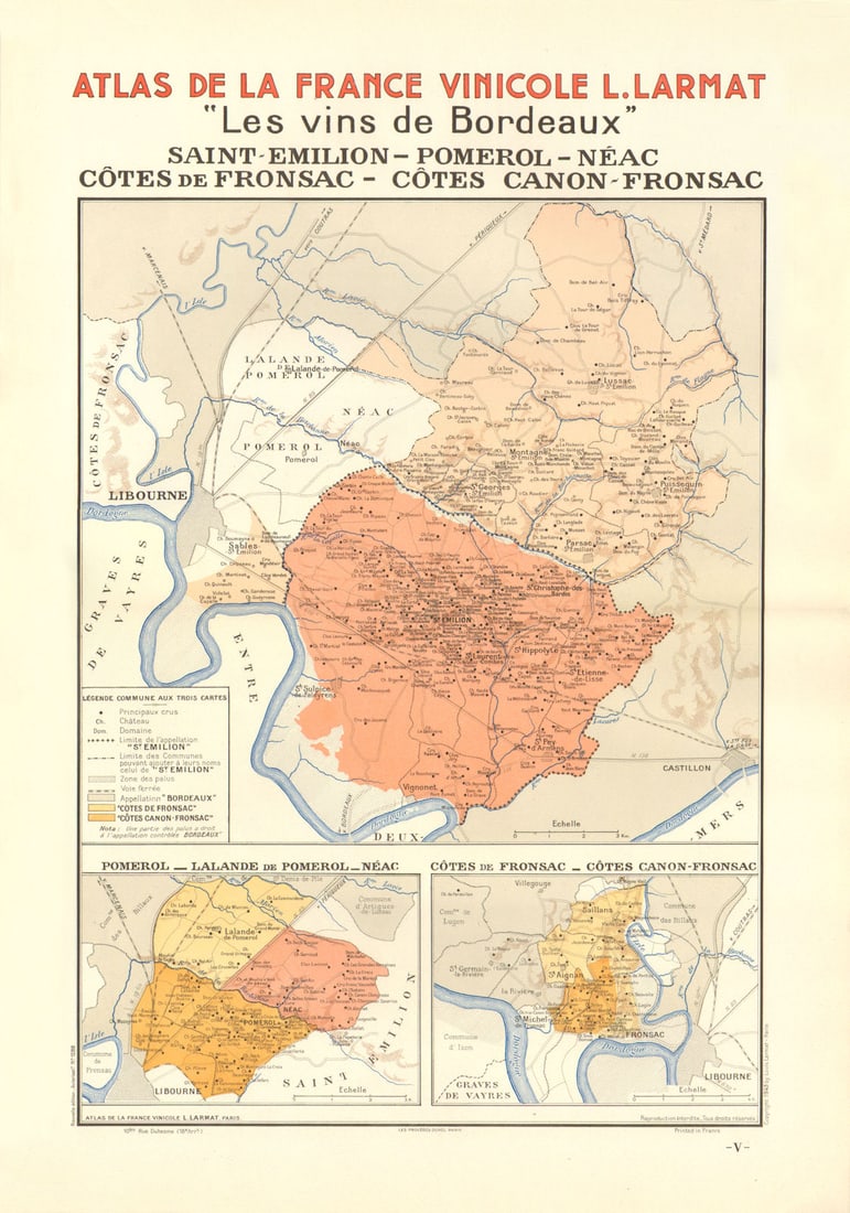 BORDEAUX VINS WINE MAP. St Emilion Pomerol Néac Côtes Canon-Fronsac.LARMAT 1944: Title: BORDEAUX VINS WINE MAP. St Emilion Pomerol Néac Côtes Canon-Fronsac.LARMAT 1944 Description: "Les Vins de Bordeaux" - Les Vins de Bordeaux: St Emilion - Pomerol - Néac - Côt