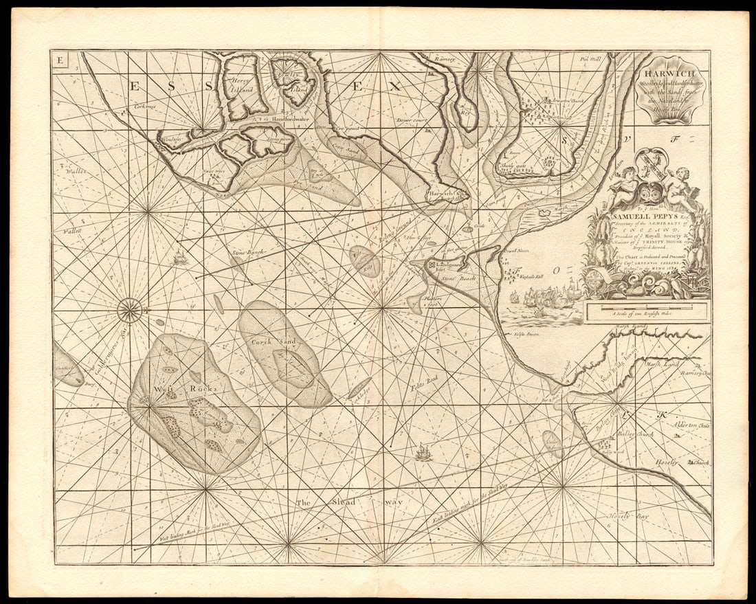 HARWICH, Orwell, Stour, Deben & Hamford Water sea chart. COLLINS c1774 old map: Title: HARWICH, Orwell, Stour, Deben & Hamford Water sea chart. COLLINS c1774 old map Description: Harwich, Woodbridg and Handfordwater, with the Sands from the Nazeland and to Hosely Bay - To the