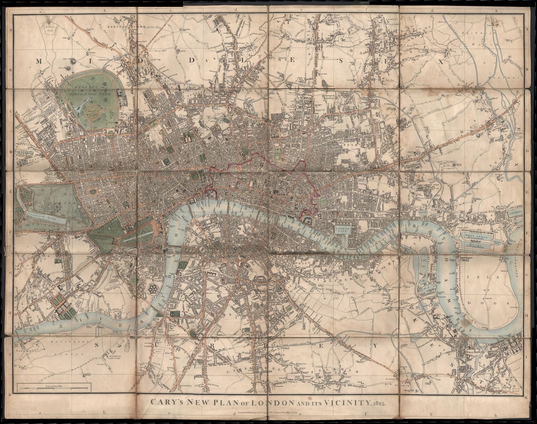 Cary's New Plan of London and its Vicinity, by J & G Cary. 67x85cm 1825 map: Title: "Cary's New Plan of London and its Vicinity", by J & G Cary. 67x85cm 1825 map Description: Cary's New Plan of London and its Vicinity, 1825'. The map cover the area from Belsize Park in the nor