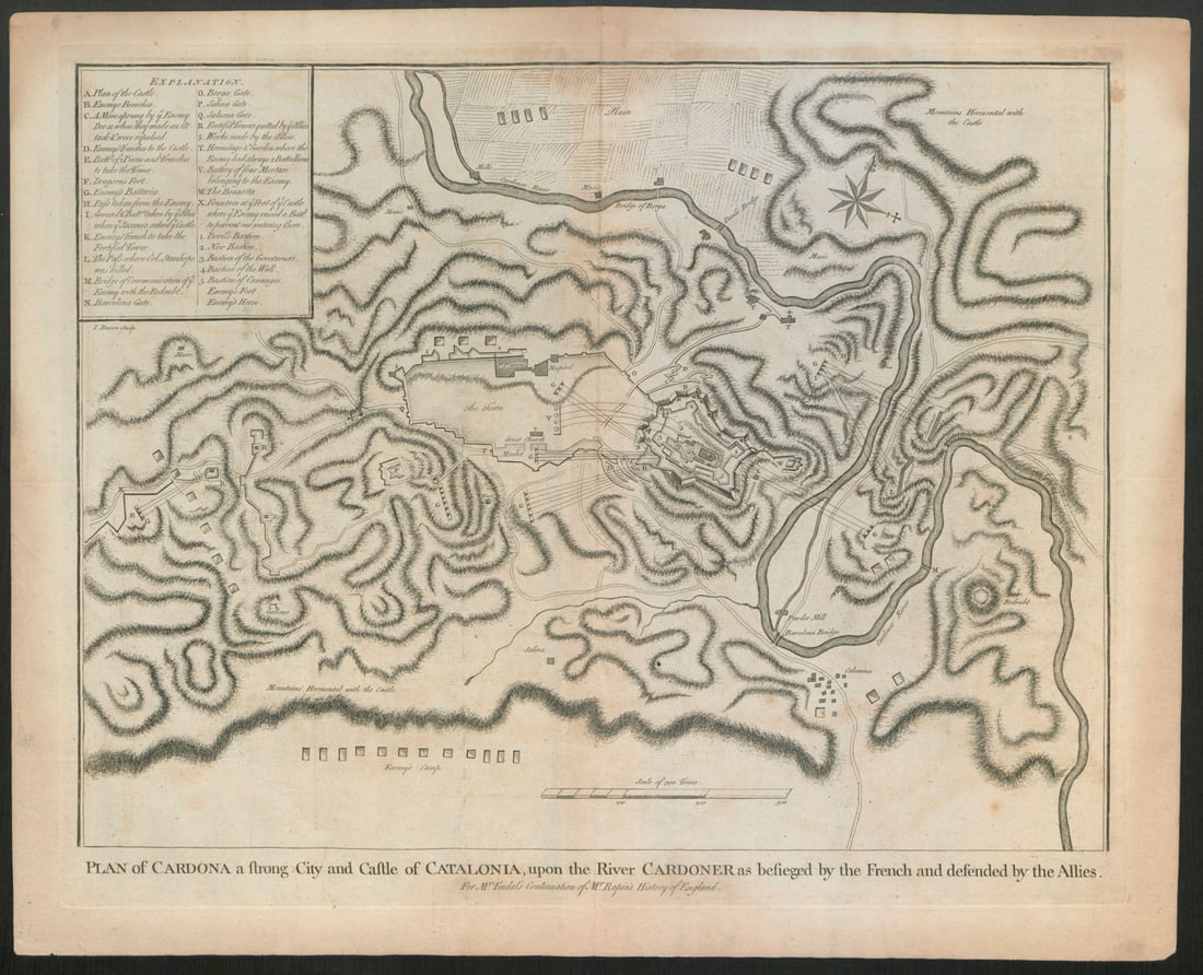 Plan of Cardona, during 1714 siege. Catalonia. BASIRE c1747 old antique map: Title: "Plan of Cardona", during 1714 siege. Catalonia. BASIRE c1747 old antique map Description: Plan of Cardona, a strong city and castle of Catalonia, upon the River Cardoner as besieged by the