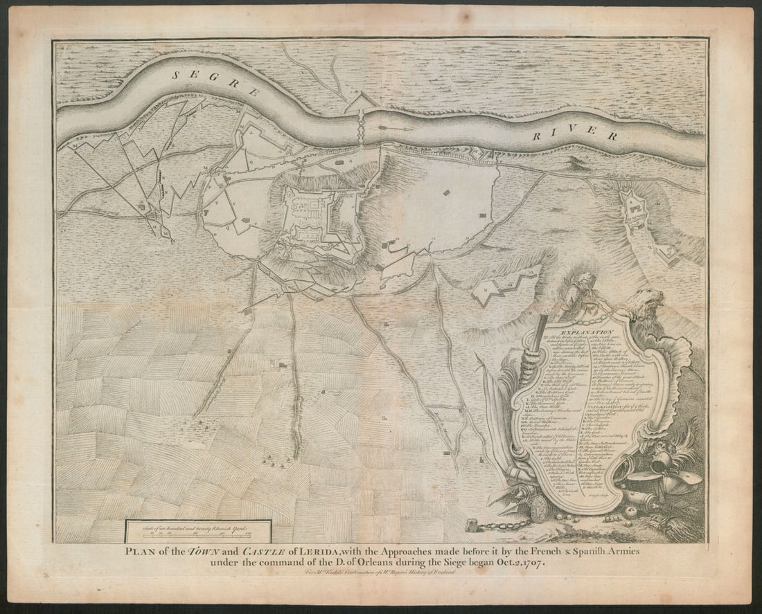 Plan of the town and castle of Lerida. 1707 siege. Lleida. BASIRE c1747 map: Title: "Plan of the town and castle of Lerida". 1707 siege. Lleida. BASIRE c1747 map Description: Plan of the town and castle of Lerida, with the approaches made before it by the French & Spanish