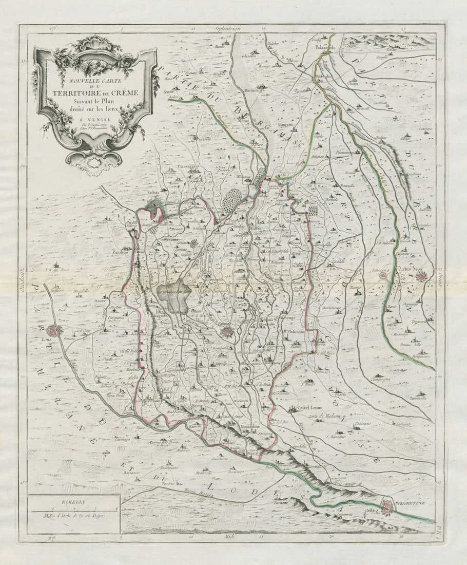 Nouvelle Carte du Territorie de Crème. Crema Lombardy Italy. SANTINI 1784 map: Title: "Nouvelle Carte du Territorie de Crème". Crema Lombardy Italy. SANTINI 1784 map Description: Nouvelle Carte du Territoire de Crème suivant le plan dressée sur les lieux. À