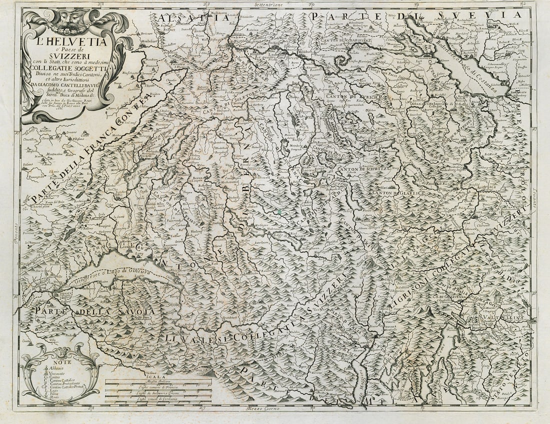 L'Helvetia o'Paese de Svizzeri. Switzerland Suisse. DE ROSSI / CANTELLI 1686 map: Title: L'Helvetia o'Paese de Svizzeri. Switzerland Suisse. DE ROSSI / CANTELLI 1686 map Description: L'Helvetia o'Paese de Svizzeri con li stati che sono a medesimi Collegati, e Soggetti divisa ne