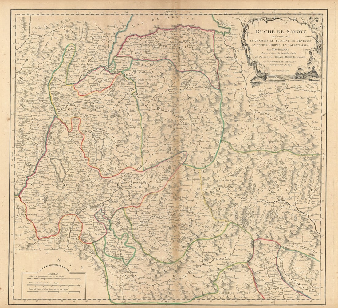 Duché de Savoye… Duchy of Savoie. Aosta & French Alps. VAUGONDY 1751 old map (1 of 1)