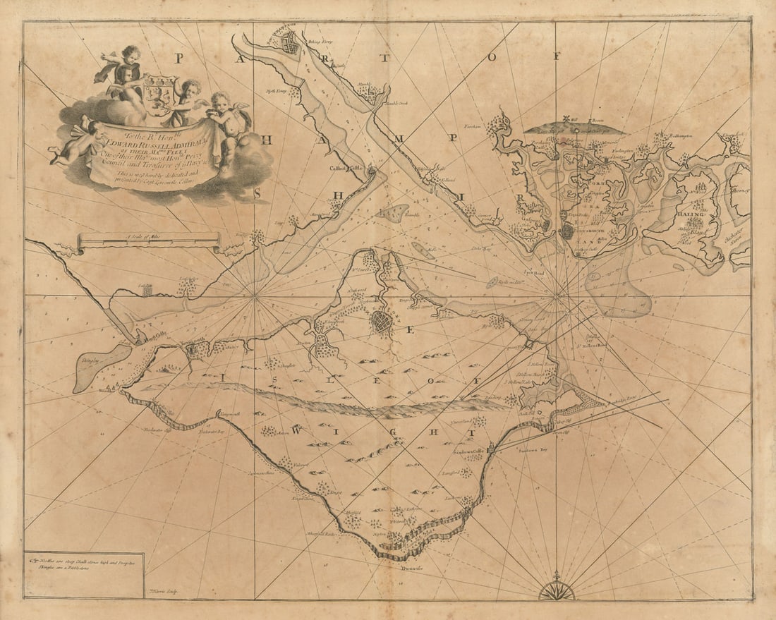 Isle of Wight & Solent. Portsmouth Langstone Harbour Hayling. COLLINS 1693 map: Title: Isle of Wight & Solent. Portsmouth Langstone Harbour Hayling. COLLINS 1693 map Description: [The Isle of Wight and the Solent] - To the Rt Honble. Edward Russell, Admirall of Their Ma[jes]ties.