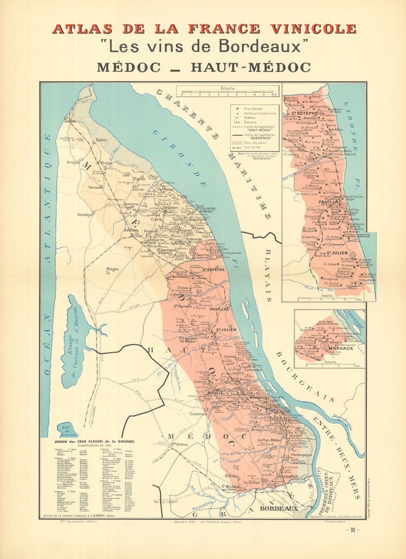 BORDEAUX WINE MAP. Les Vins de Bordeaux - Médoc - Haut-Médoc. LARMAT 1941 (1 of 1)
