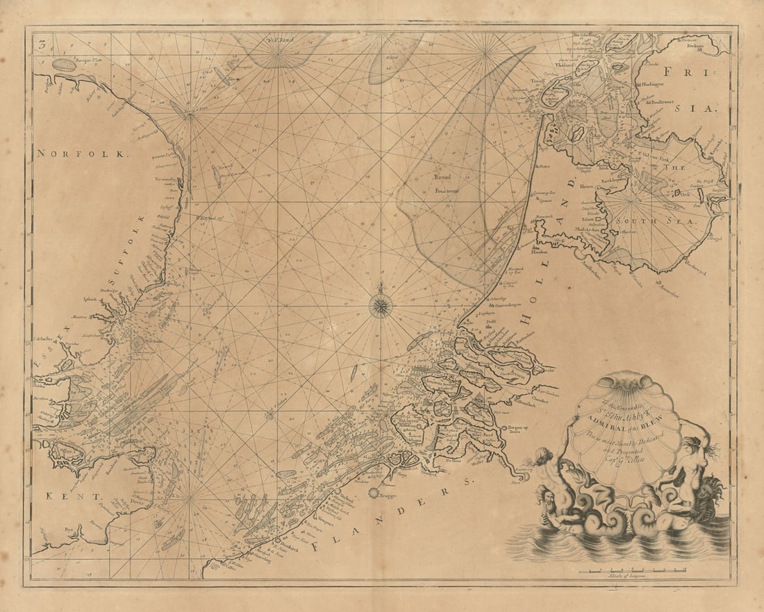 NORTH SEA coast chart. East Anglia Kent Holland Flanders. COLLINS 1693 old map (1 of 1)