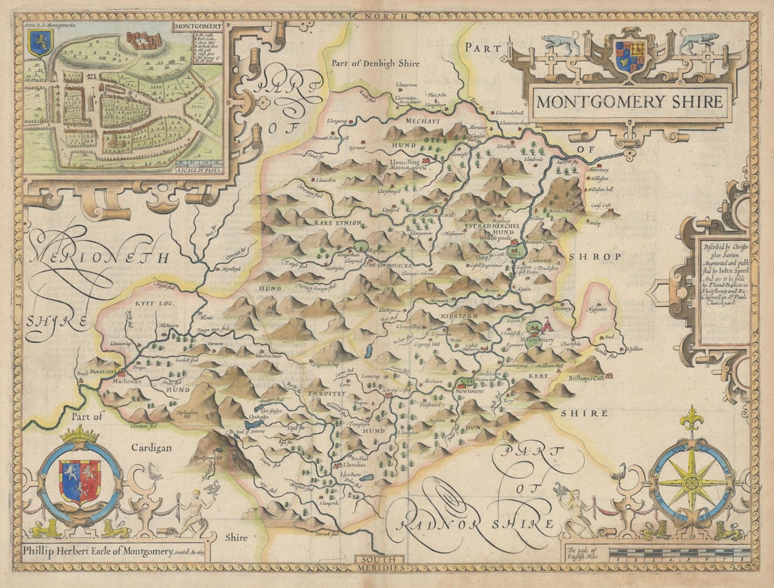 Montgomeryshire county map by John Speed. Bassett & Chiswell edition 1676: Title: Montgomeryshire county map by John Speed. Bassett & Chiswell edition 1676 Description: Montgomery Shire'. The map includes an inset town plan of Montgomery . Described by Christopher Saxton,
