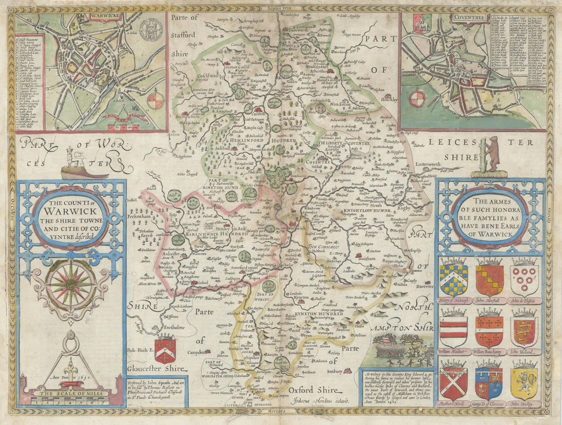 Counti of Warwick. Shire/county map by John Speed. Bassett/Chiswell edition 1676 (1 of 1)