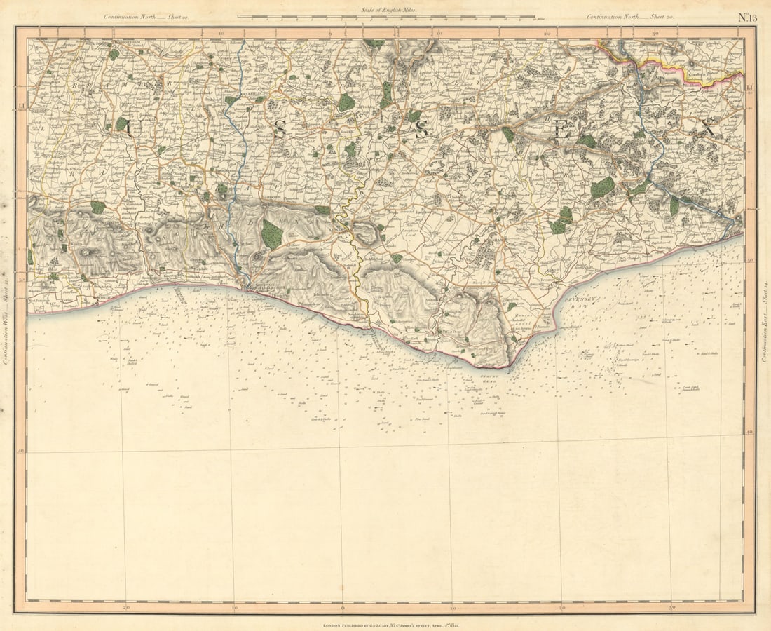 SUSSEX COAST, SOUTH DOWNS & SEVEN SISTERS. Brighton Eastbourne. CARY 1832 map (1 of 1)