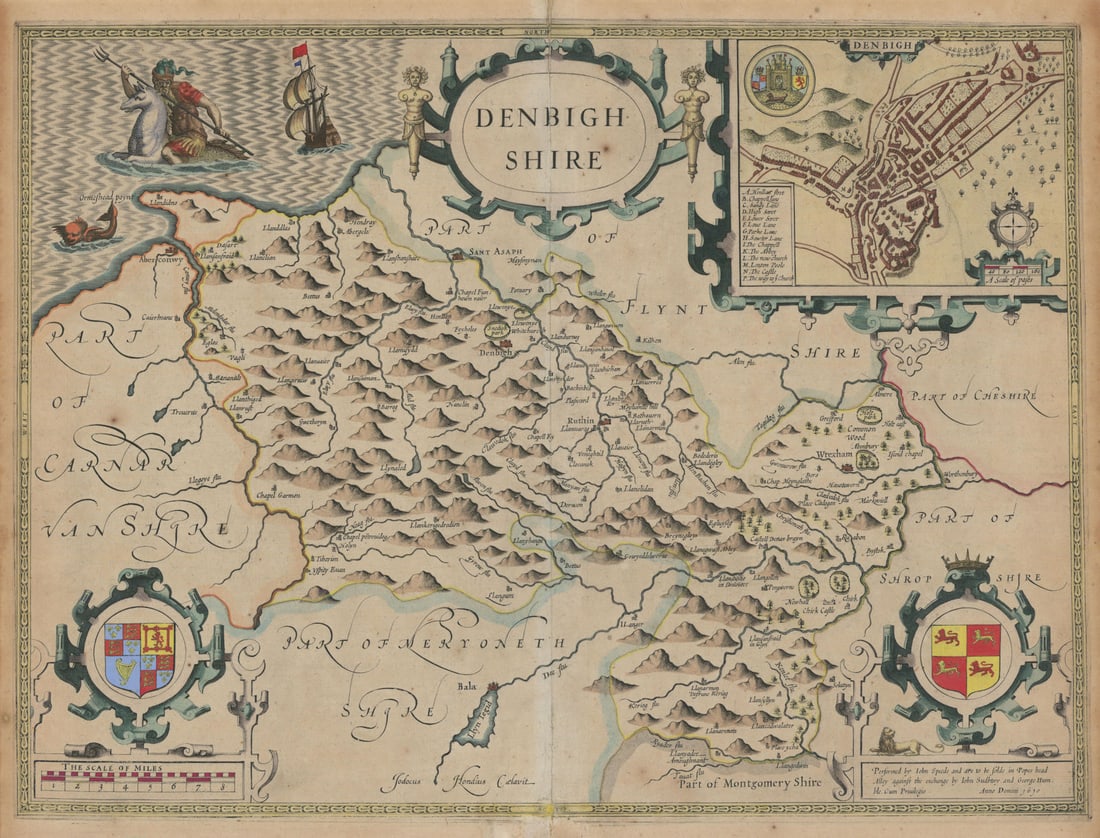 Denbighshire county map by John Speed. Sudbury & Humble edition c1627 old: Title: Denbighshire county map by John Speed. Sudbury & Humble edition c1627 old Description: Denbighshire'. The map includes an inset plan of the town of Denbigh . Performed by John Speede and are