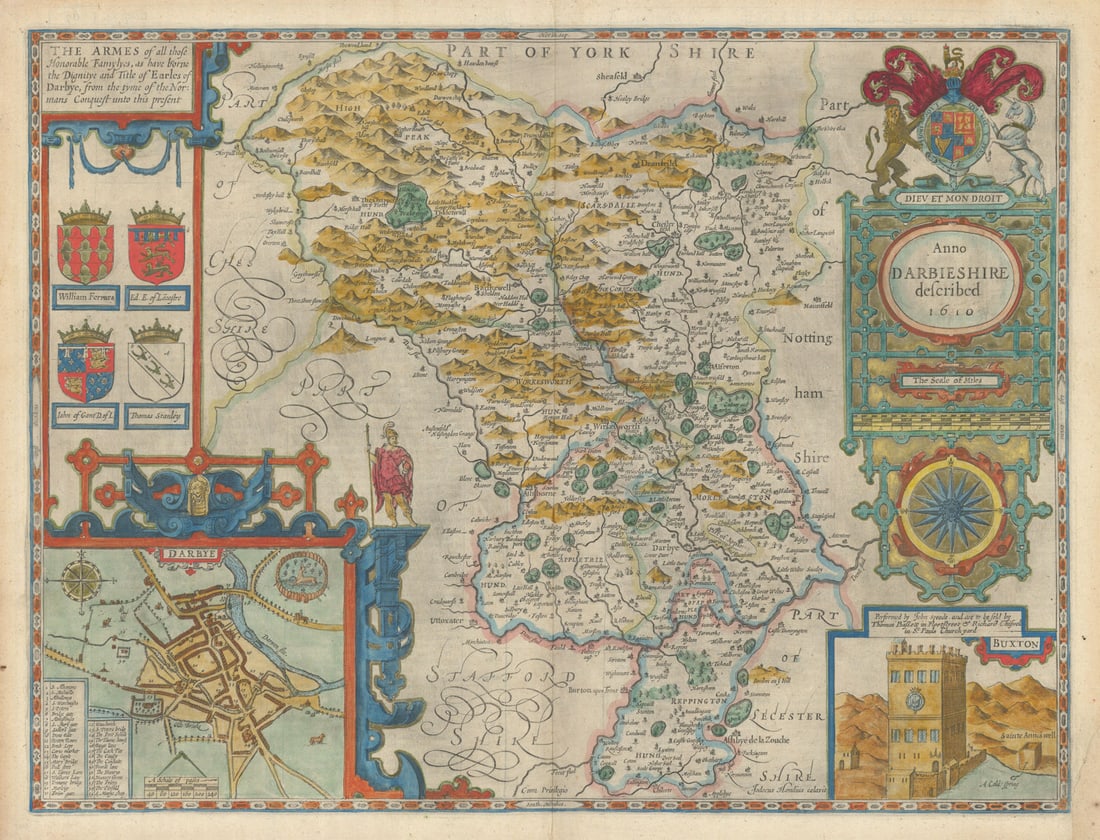 Darbieshire. Derbyshire county map by John Speed. Bassett/Chiswell edition 1676: Title: Darbieshire. Derbyshire county map by John Speed. Bassett/Chiswell edition 1676 Description: Darbieshire described Anno 1610 [the date on this edition of the map should state 1666, however the 