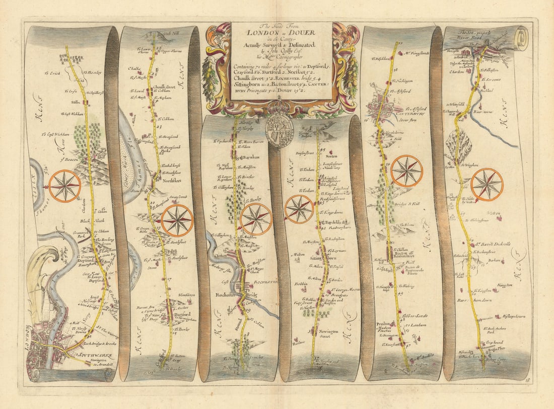 London Greenwich Chatham Sittingbourne Canterbury Dover OGILBY road map #28 1675 (1 of 1)