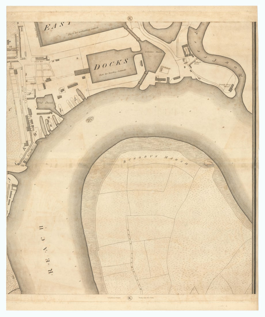 Horwood/Faden London K3 North Greenwich Blackwall East India Docks 1807 map: Title: Horwood/Faden London K3 North Greenwich Blackwall East India Docks 1807 map Description: Sheet K3 - North Greenwich, Blackwall, Bugsby's Reach, Leamouth, East India Docks, Bow Creek'. William