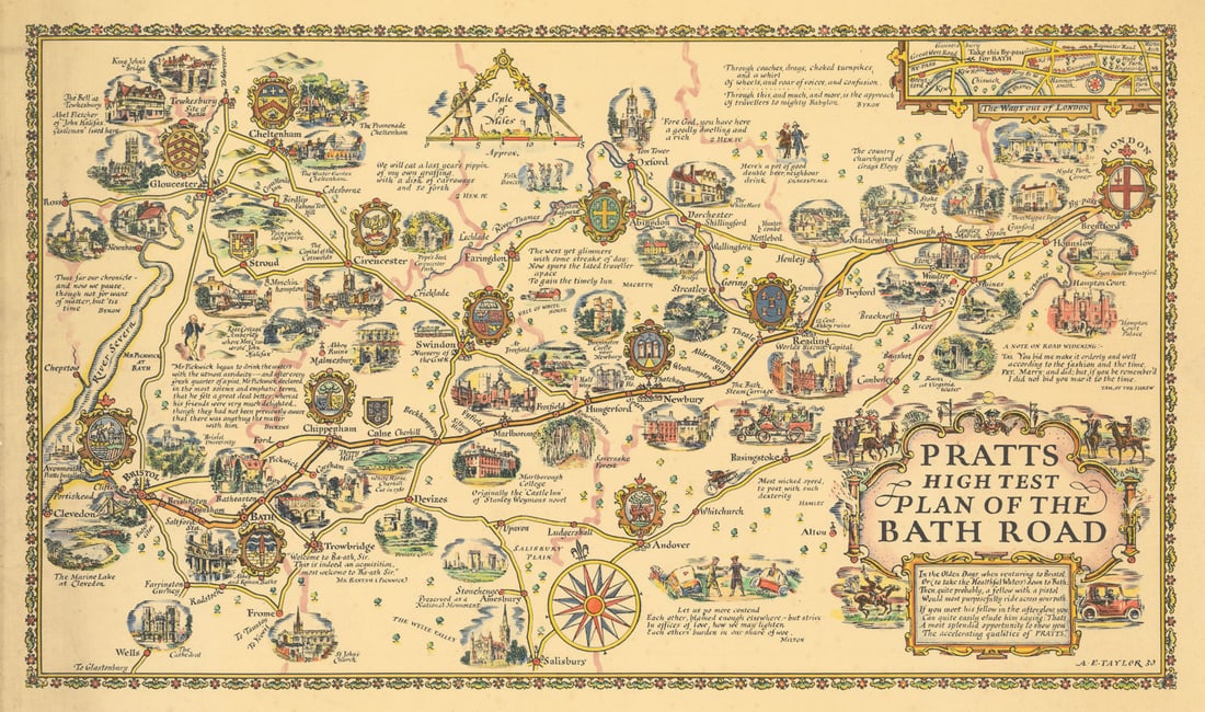 Pratts High Test Plan of the Bath Road. Pictorial map by Alfred Taylor 1930 (1 of 1)