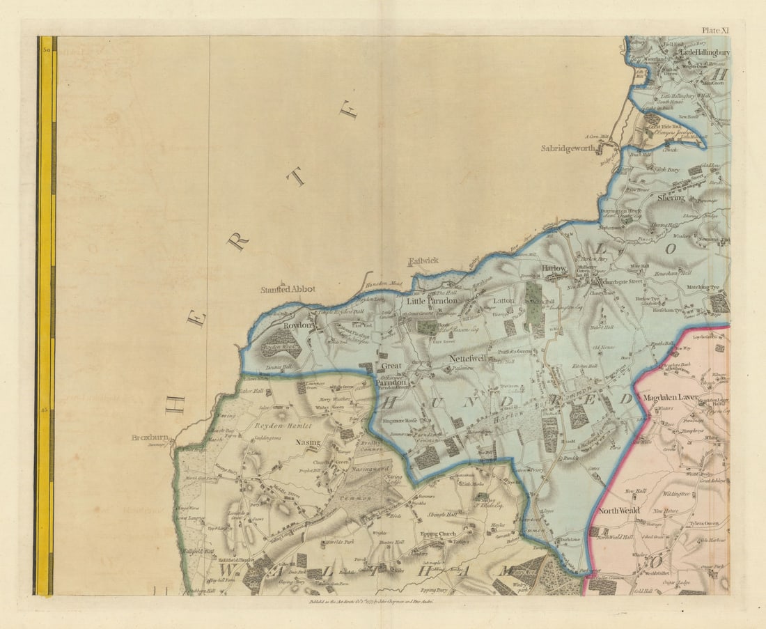 Essex W #11 Harlow North Weald Roydon Stanstead Abbotts. Chapman/André 1777 map: Title: Essex W #11 Harlow North Weald Roydon Stanstead Abbotts. Chapman/André 1777 map Description: Plate XI [Roydon, Stanstead Abbotts, Netteswell, Latton, Harlow, Little Parndon, Magdalen