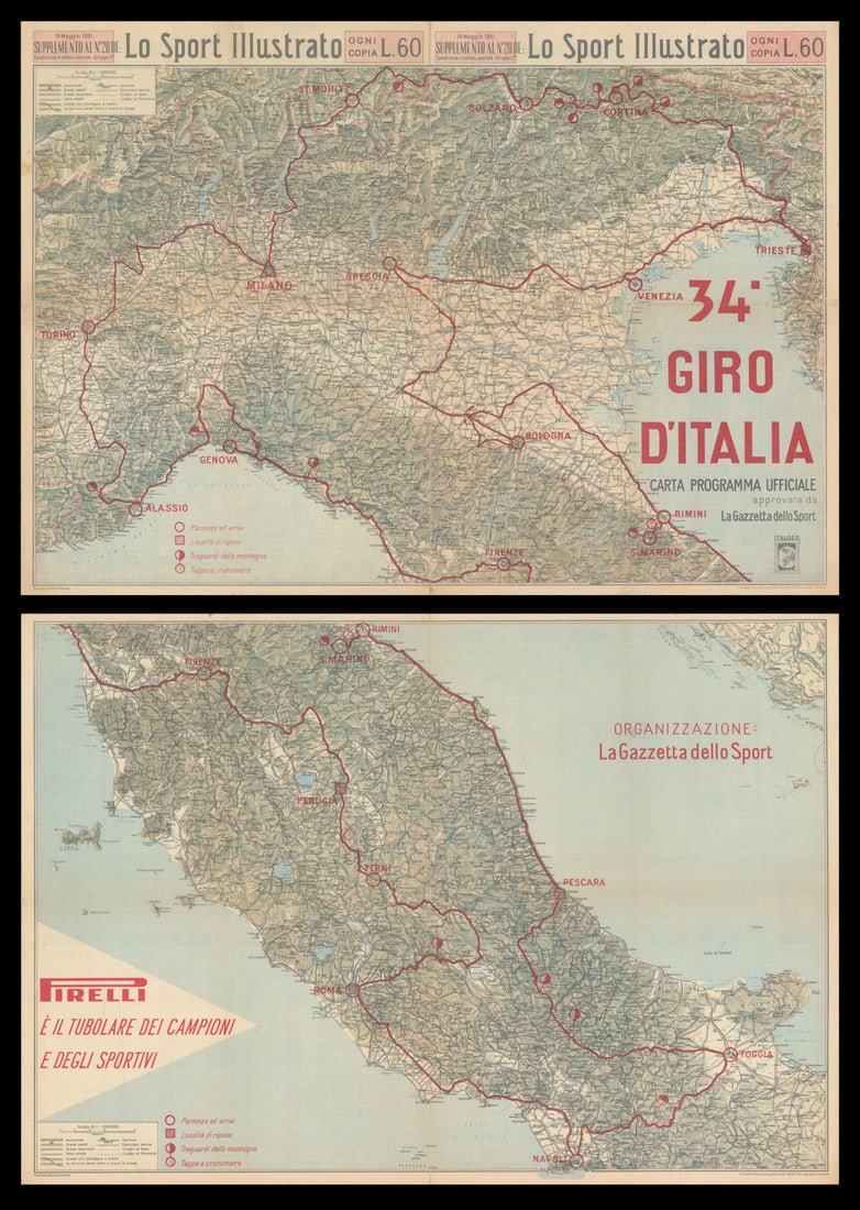 34° Giro d'Italia. Carta. La Gazzetta dello Sport. Cycling route map 1951: Title: 34° Giro d'Italia. Carta. La Gazzetta dello Sport. Cycling route map 1951 Description: 34° Giro d'Italia - Carta Programma Ufficiale approvata da La Gazzetta dello Sport - Lo Sport Il