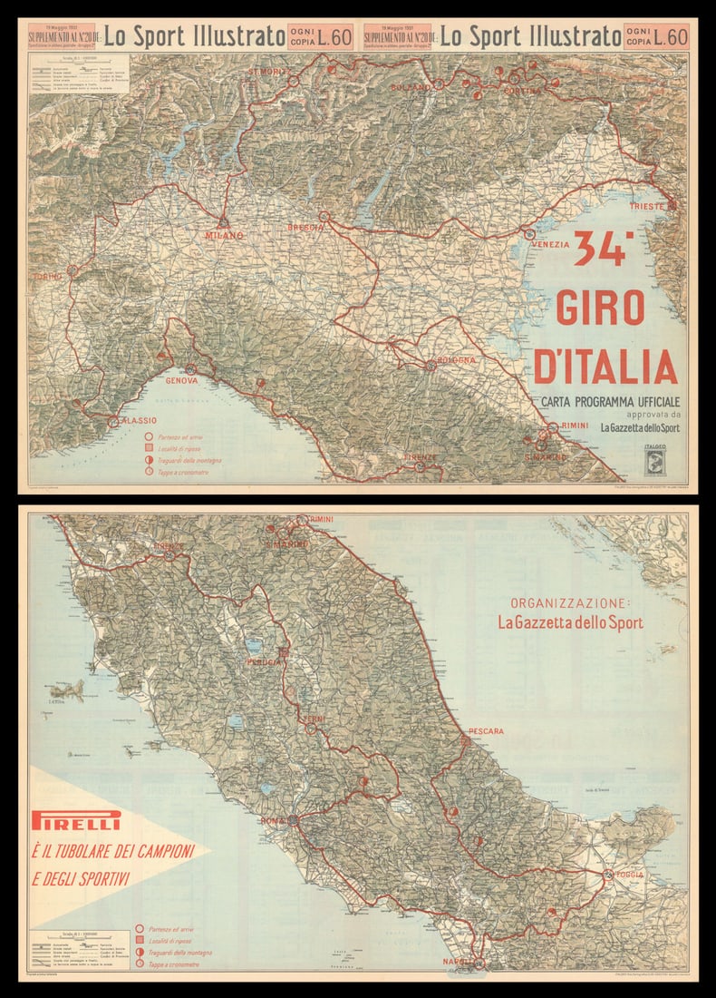 34° Giro d'Italia. Carta. La Gazzetta dello Sport. Cycling route map 1951: Title: 34° Giro d'Italia. Carta. La Gazzetta dello Sport. Cycling route map 1951 Description: 34° Giro d'Italia - Carta Programma Ufficiale approvata da La Gazzetta dello Sport - Lo Sport Il