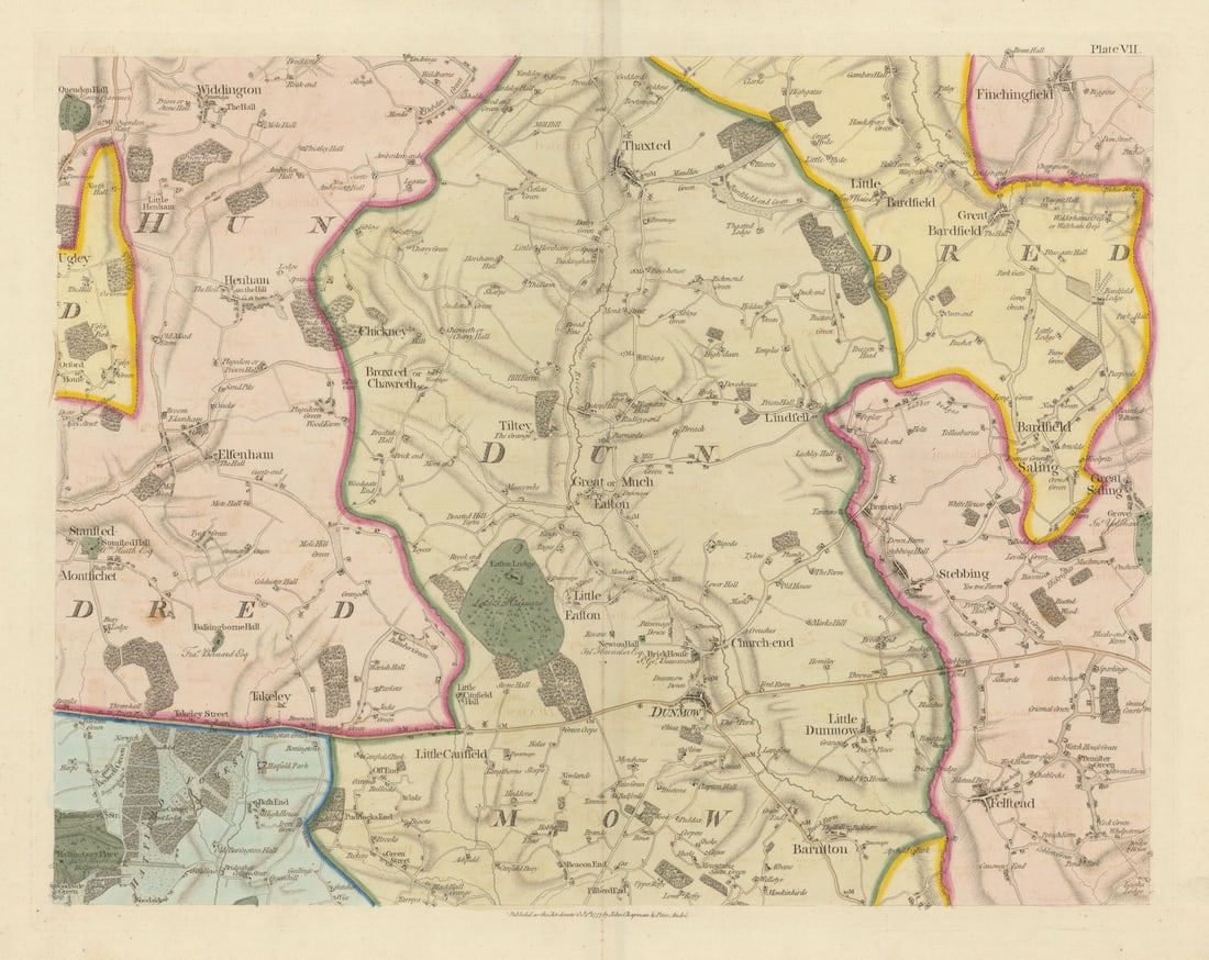 Essex NW #7 Uttlesford Stansted Mountfitchet Great Dunmow Chapman/André 1777 map: Title: Essex NW #7 Uttlesford Stansted Mountfitchet Great Dunmow Chapman/André 1777 map Description: Plate VII [Henham, Ugley, Thaxted, Little Bardfield, Great Bardfield, Stebbing, Wethersfield,