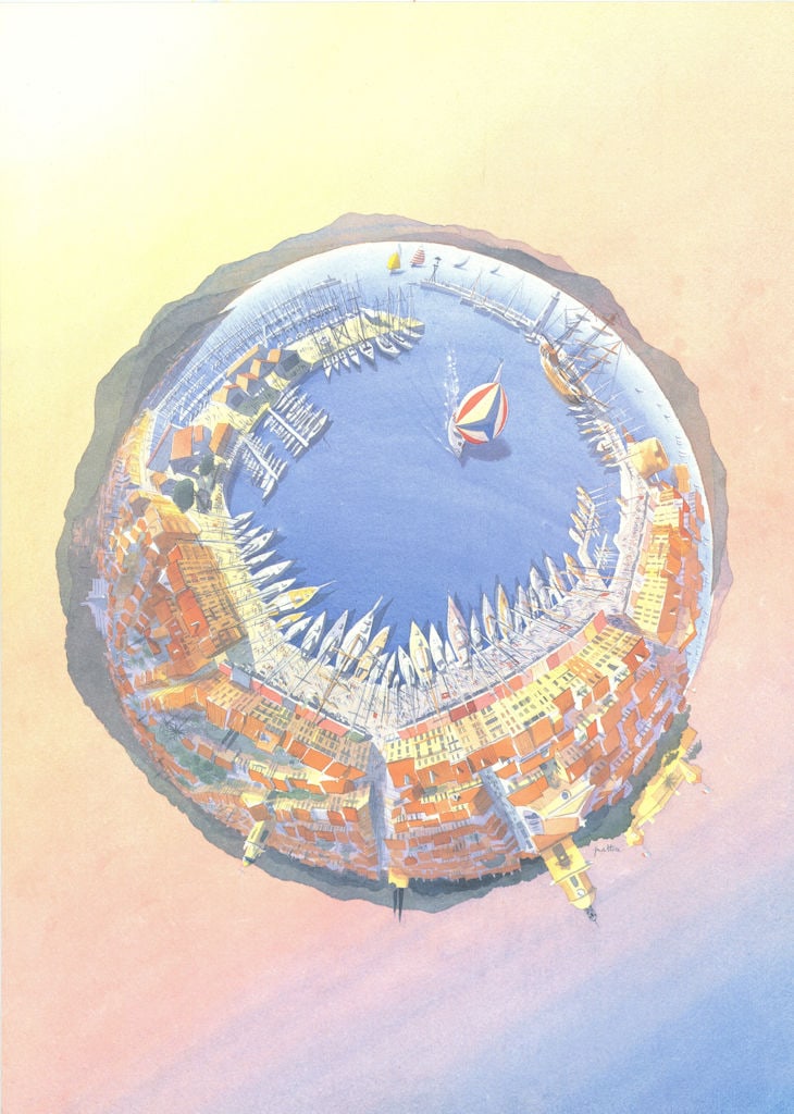 Bird's eye view panorama of St Tropez by Jean Pattou for La Nioulargue 1986: Title: Bird's eye view panorama of St Tropez by Jean Pattou for La Nioulargue 1986 Description: [La Nioulargue, St Tropez]. La Nioulargue was a classic yacht regatta based in St. Tropez that