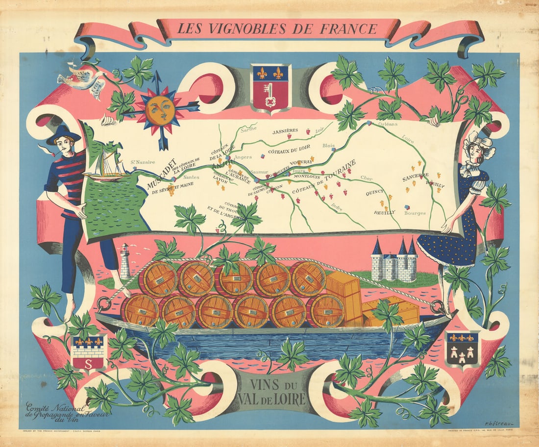 LOIRE WINE MAP Vignobles de France. Vins du Val de Loire. Rémy HETREAU 1954 (1 of 1)
