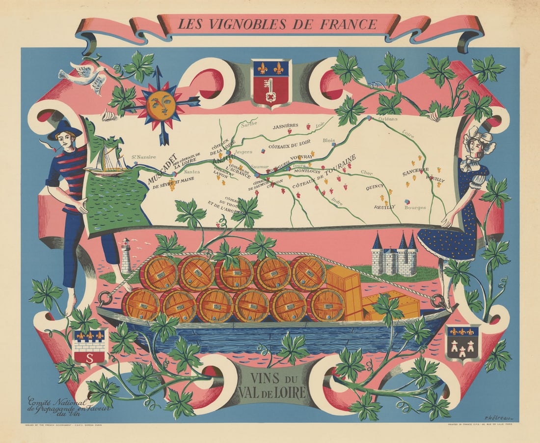 LOIRE WINE MAP Vignobles de France. Vins du Val de Loire. Rémy HETREAU 1954 (1 of 1)