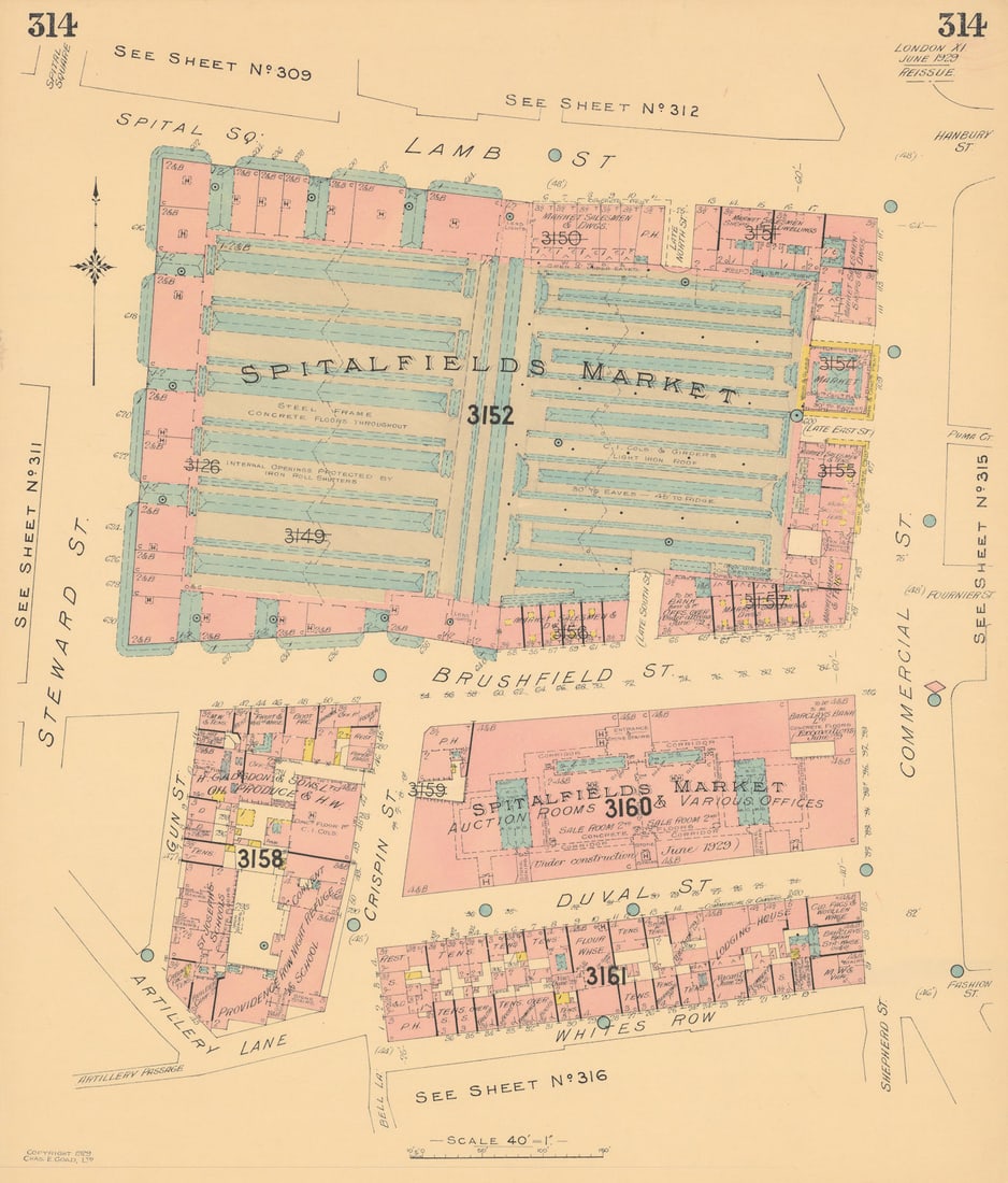 Spitalfields Market Goad Insurance map. Commercial Street. Brushfield St 1929 (1 of 1)
