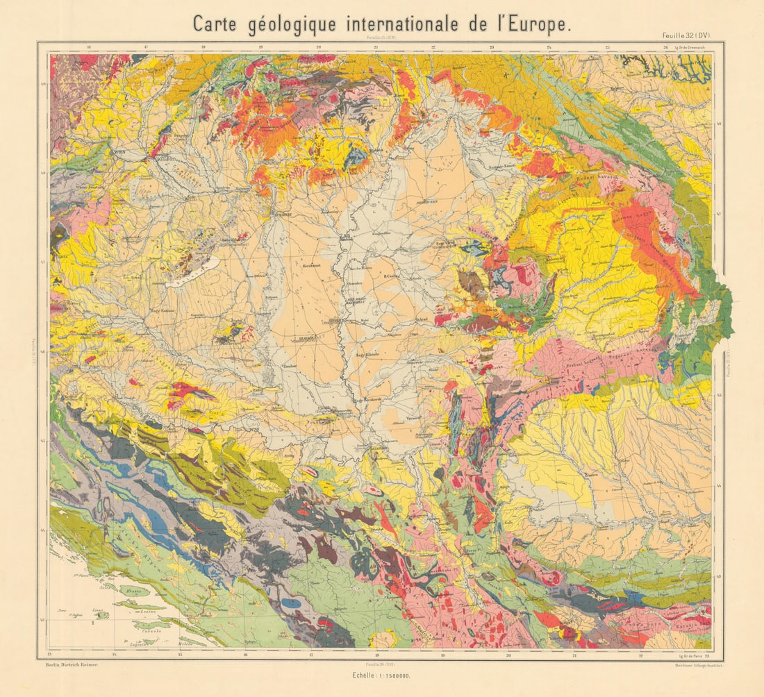 Geological map SE Europe. Bosnia Hungary Serbia Romania. BEYSCHLAG 1898: Title: Geological map SE Europe. Bosnia Hungary Serbia Romania. BEYSCHLAG 1898 Description: Carte géologique internationale de l'Europe - Feuille 32 (DV) - [South-east Europe / Balkans: parts of