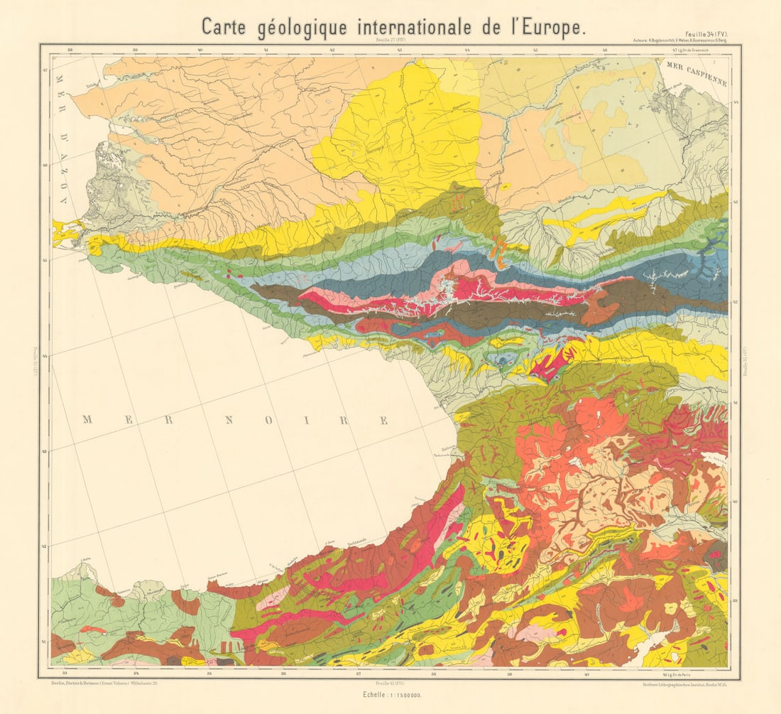 Geological map Black Sea Russia Caucasus Georgia Anatolia BEYSCHLAG 1911: Title: Geological map Black Sea Russia Caucasus Georgia Anatolia BEYSCHLAG 1911 Description: Carte géologique internationale de l'Europe - Feuille 34 (FV) - [Eastern Black Sea - Russian
