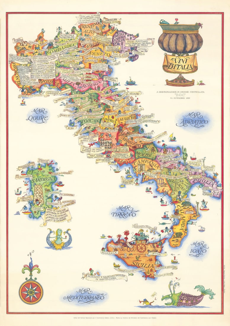 Vini d'Italia Denominazione di Origine Controllata Italy pictorial wine map 1976: Title: Vini d'Italia Denominazione di Origine Controllata Italy pictorial wine map 1976 Description: Vini d'Italia a Denominazione di Origine Controllata "D.O.C." 31 Dicembre 1976'. Edita
