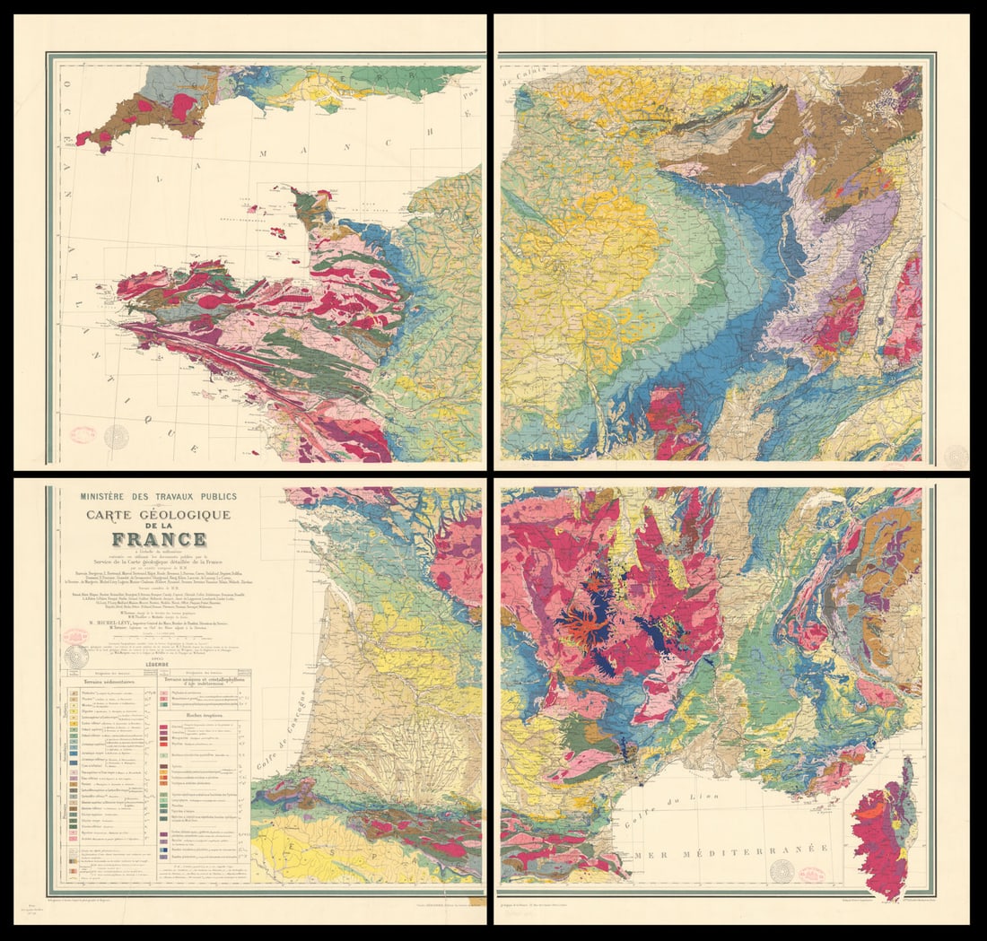 Carte Géologique de la France. Auguste Michel-Lévy. 4 sheets 107x116cm 1905 map: Title: Carte Géologique de la France. Auguste Michel-Lévy. 4 sheets 107x116cm 1905 map Description: Carte Géologique de la France'. Ministère des Travaux Publics. Auguste Michel-L&