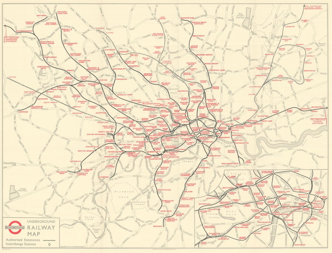 London Transport Underground Railway Map. Central Line & Northern Heights 1937 (1 of 1)