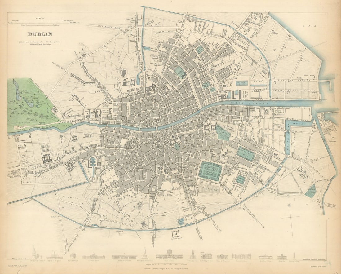 DUBLIN. Antique town city map plan. Key buildings profiles. SDUK 1847 old (1 of 1)