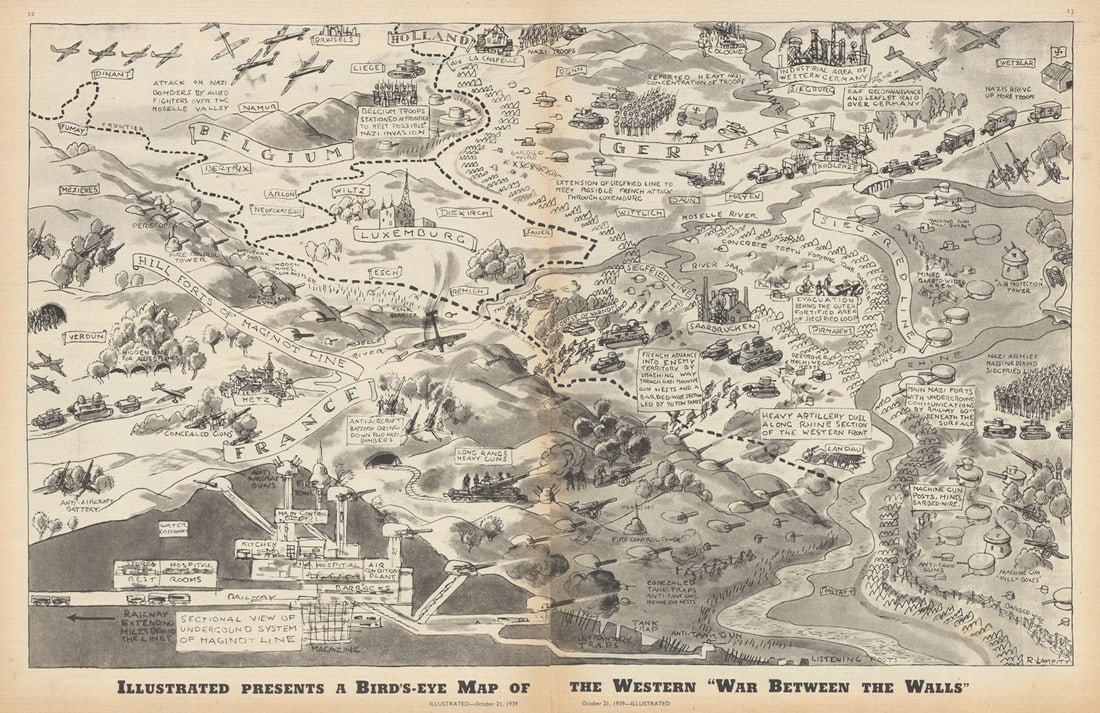 A bird’s-eye map of the western "War Between the Walls" WW2. Ronald Lampitt 1939: Title: A bird’s-eye map of the western "War Between the Walls" WW2. Ronald Lampitt 1939 Description: Illustrated presents a bird’s-eye map of the western “War Between the